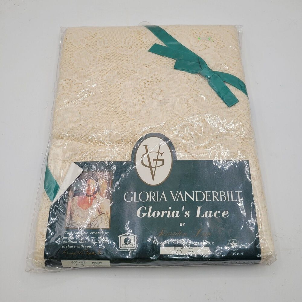 NEW Vtg Gloria Vanderbilt Lace Nottingham Oval Ivory Tablecloth 60"x92" USA